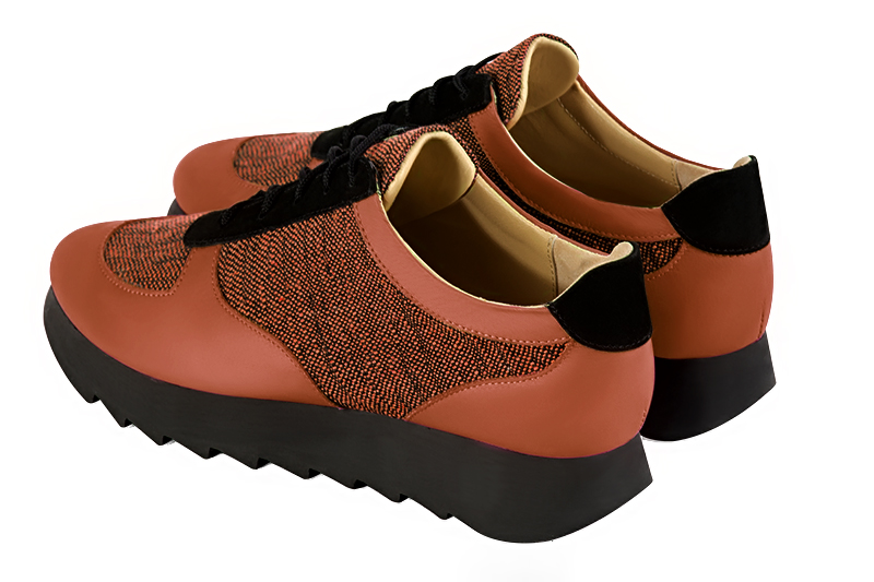 Terracotta orange and matt black women's two-tone elegant sneakers. Round toe. Low rubber soles. Rear view - Florence KOOIJMAN
